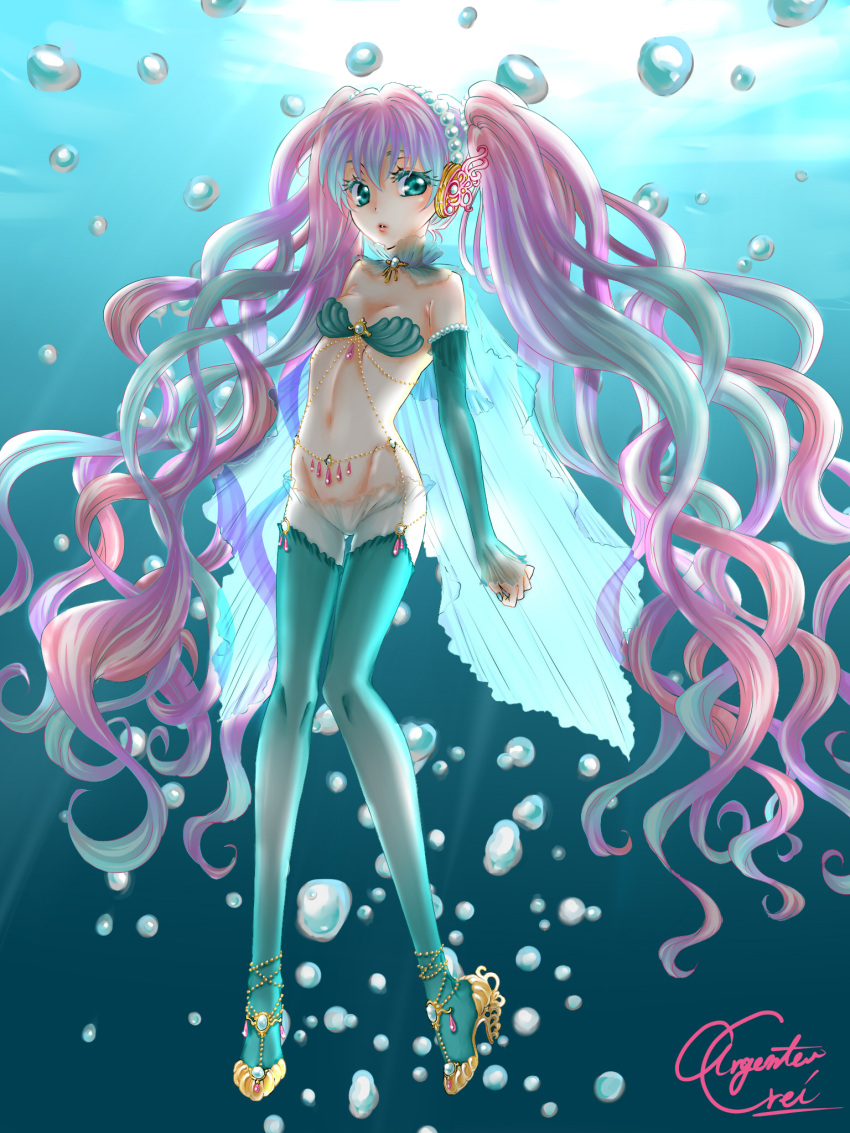 1girl, aqua_legwear, argenteo_luna_rei, artist_name, bubble, detached_sleeves, green_eyes, hatsune_miku