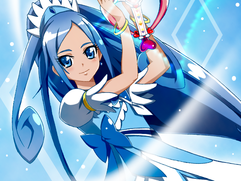 1girl, blue_background, blue_eyes, blue_hair, blush, bracelet, cure_diamond, dokidoki!_precure, hishikawa_rikka, jewelry, light, long_hair, precure, smile, solo, takemoto_kyuutarou
