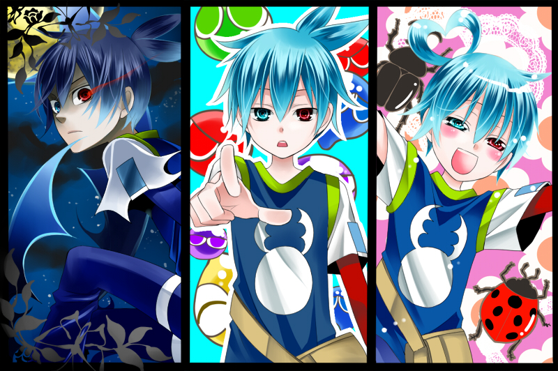 3boys, ahoge, bag, beetle, black_hair, black_sig, blue_eyes, blue_hair