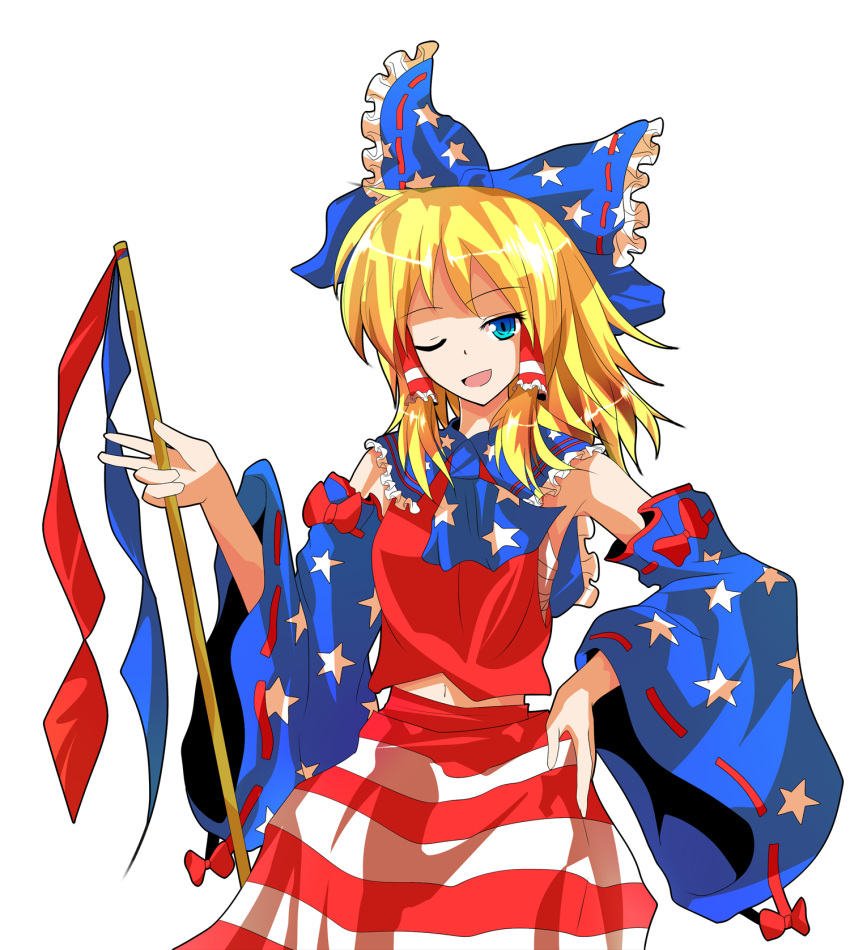 1girl, alphes_(style), america, blonde_hair, blue_eyes, bow, detached_sleeves, gohei