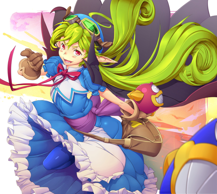 1girl, alternate_hair_color, apron, bag, blue_legwear, cape, curly_hair, dress