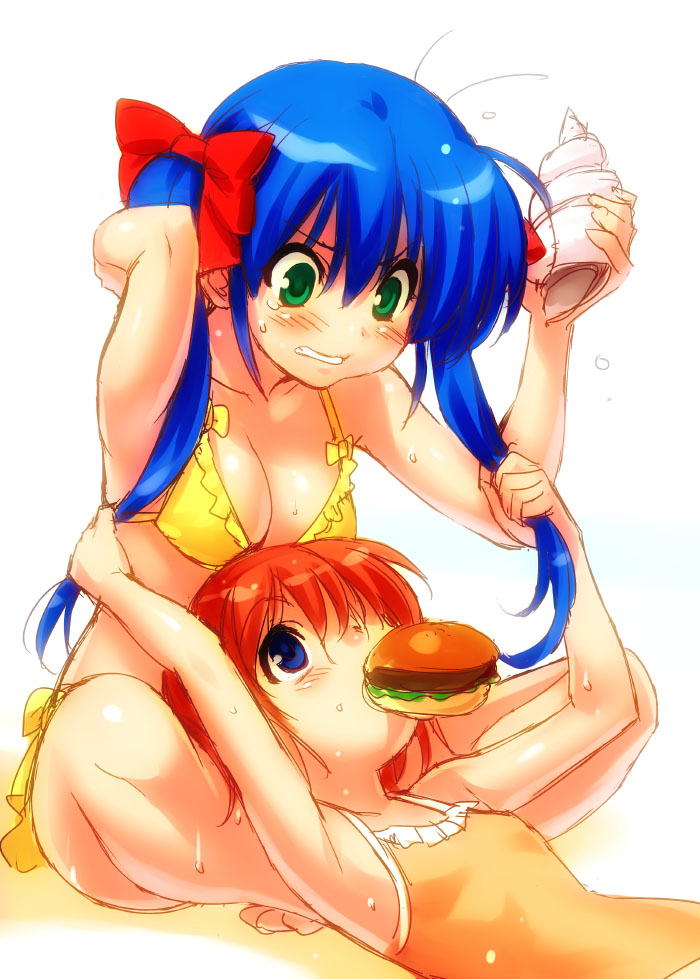 2girls, bikini, blue_eyes, blue_hair, conch, food, green_eyes, hamburger