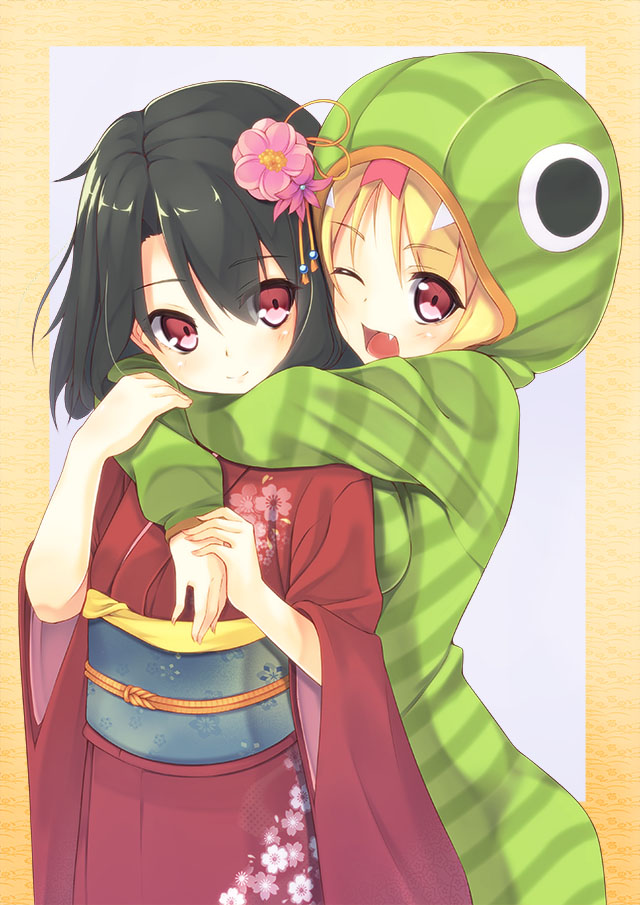 2girls, black_hair, blonde_hair, blush, breasts, flower, hair_flower, hair_ornament