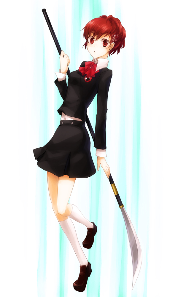 brown_hair, female_protagonist_(persona_3), hair_ornament, hairclip, minne, naginata, persona, persona_3, persona_3_portable, polearm, red_eyes, school_uniform, short_hair, skirt, socks, solo, weapon