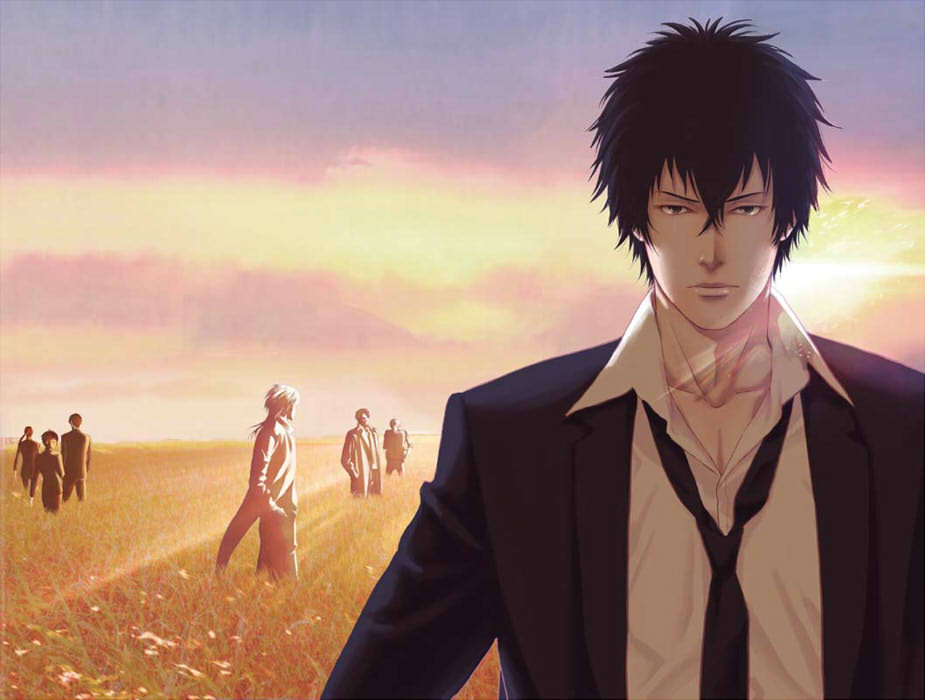 black_hair, field, formal, ginoza_nobuchika, kagari_shuusei, kougami_shin'ya, kunizuka_yayoi, makishima_shougo