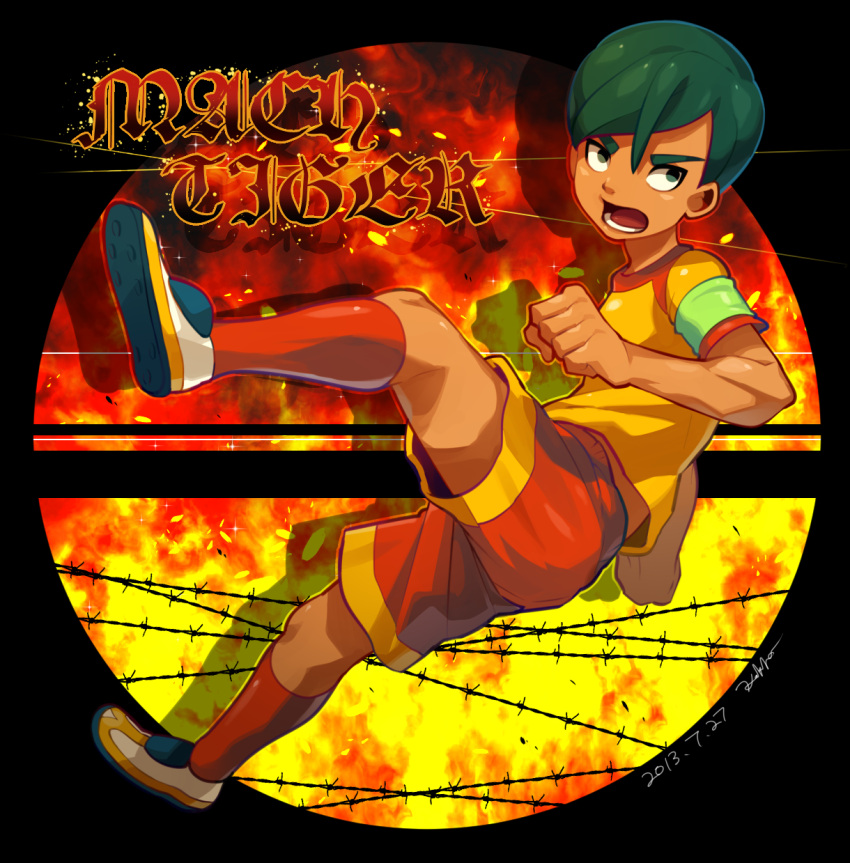 1boy, armband, barbed_wire, dated, fire, green_hair, highres, inazuma_eleven_(series), inazuma_eleven_go, inazuma_eleven_go_galaxy, mach_tiger, male, monoka, napa_radaamu, open_mouth, short_hair, signature, soccer_uniform, solo
