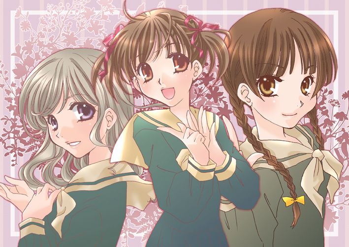 3girls, :d, blonde_hair, braid, frame, friends, fukuzawa_yumi, hirota_kaoru