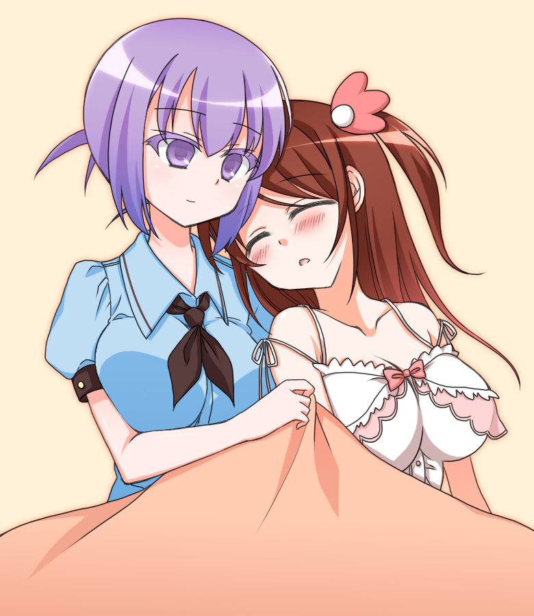2girls, blush, breasts, brown_hair, headphones, kainou_yoshiko, large_breasts, long_hair