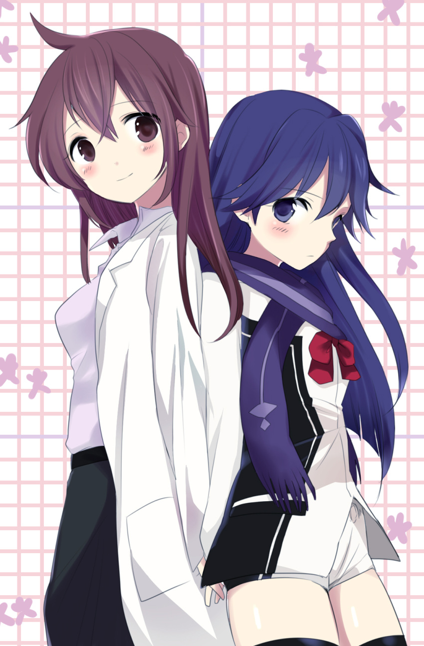 2girls, azumada, back-to-back, black_eyes, black_hair, highres, isshiki_mashiro, kuroki_rei
