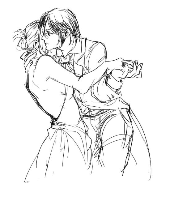 2girls, annie_leonhardt, bare_back, dancing, formal, hand_on_neck, holding_hands, mikasa_ackerman