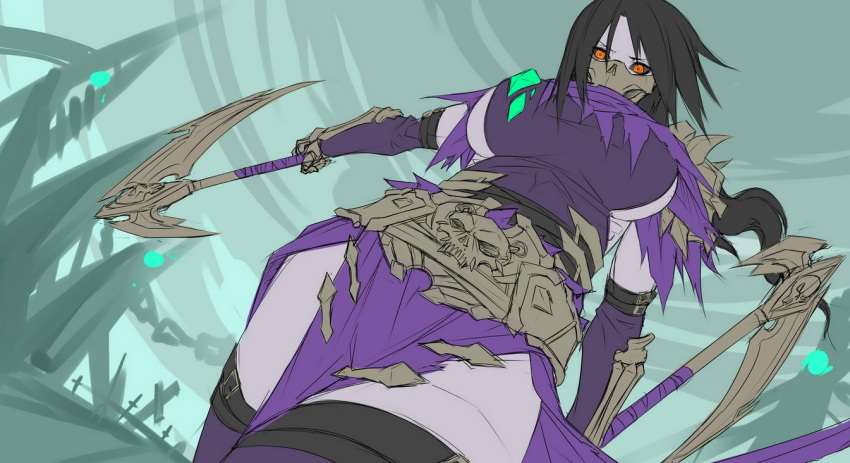 1girl, akali, black_hair, black_sclera, breasts, cosplay, darksiders, death_(darksiders), dual_wielding, elbow_gloves, face_mask, flat_color, from_below, gloves, graveyard, kuma_x, large_breasts, league_of_legends, leotard, long_hair, mask, orange_eyes, pale_skin, ponytail, purple_legwear, scarf, sickle, sideboob, skull, solo, thigh-highs, thigh_strap, vambraces, work_in_progress