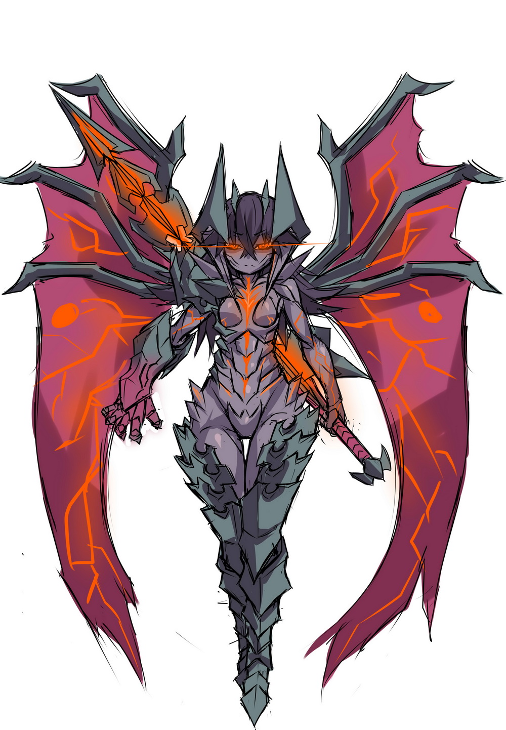 1girl, aatrox, black_hair, crossed_legs_(standing), full_body, genderswap, glowing, glowing_eyes, highres, horns, kuma_x, league_of_legends, long_hair, monster_girl, polearm, red_eyes, reverse_grip, scales, solo, spear, thigh_gap, weapon, wings