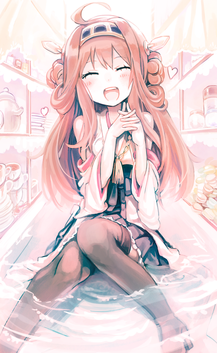 1girl, ahoge, bare_shoulders, bathtub, blush, breasts, brown_hair, closed_eyes