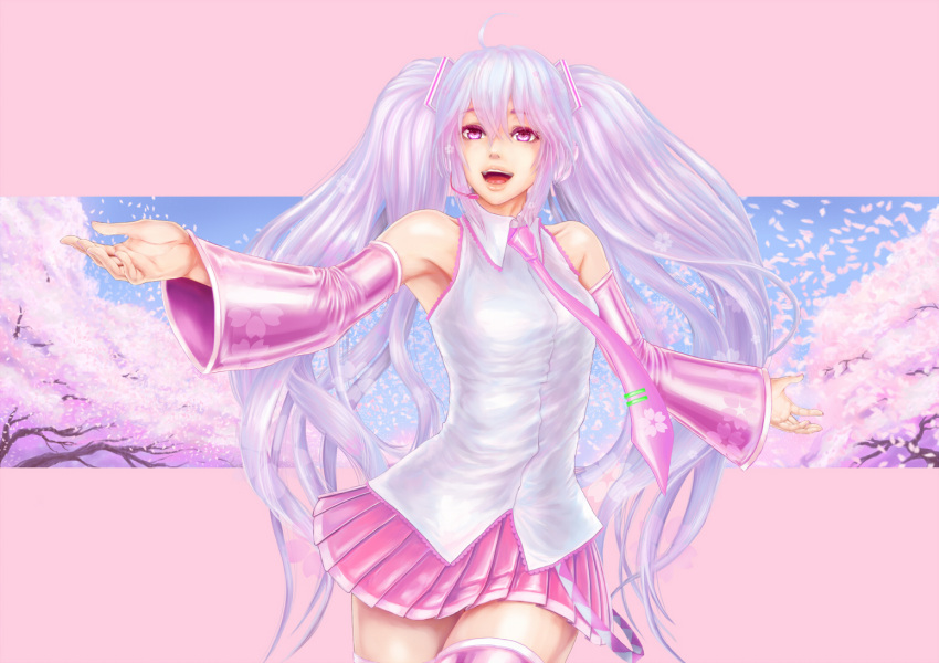 1girl, dress, hatsune_miku, long_hair, nakacha, pink_background, pink_dress, pink_eyes, sakura_miku, thigh-highs, vocaloid, zettai_ryouiki