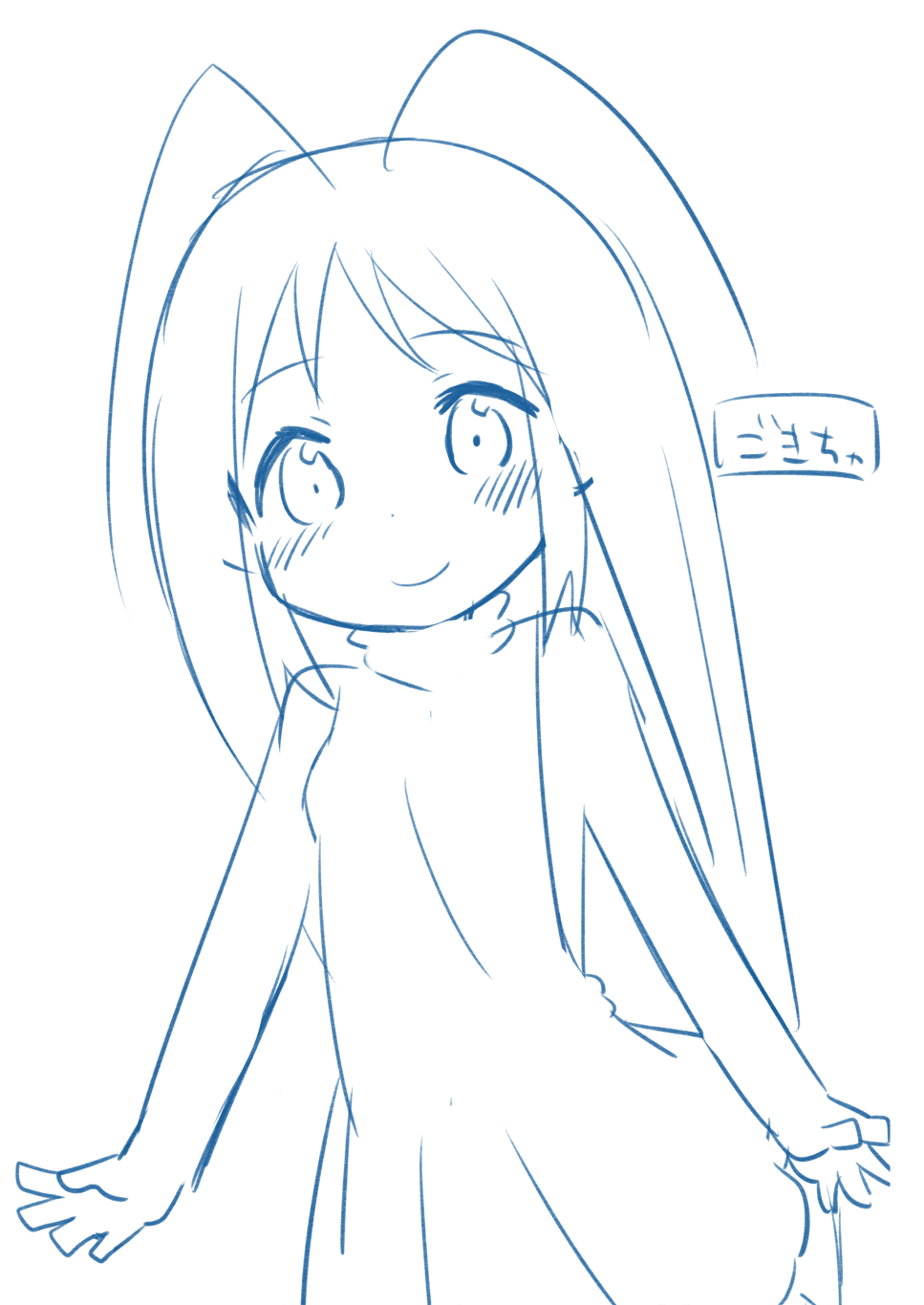 1girl, antennae, blush, gokicha, gokicha_(character), highres, long_hair, monochrome