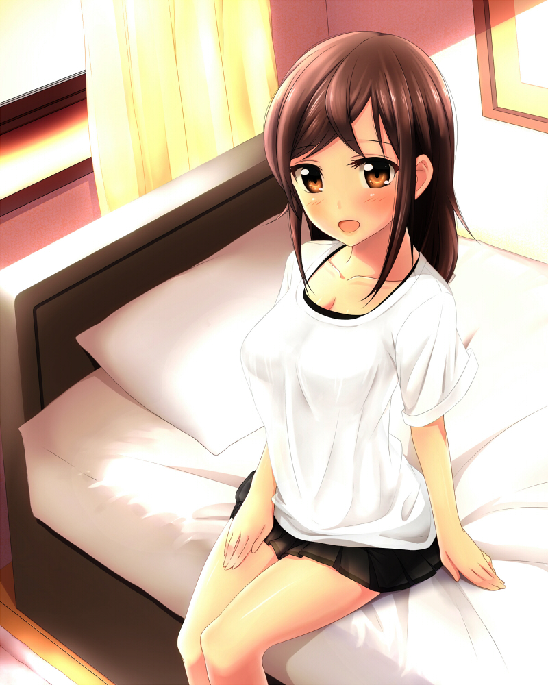 1girl, bed, blush, brown_eyes, brown_hair, chaostein, happy, legs