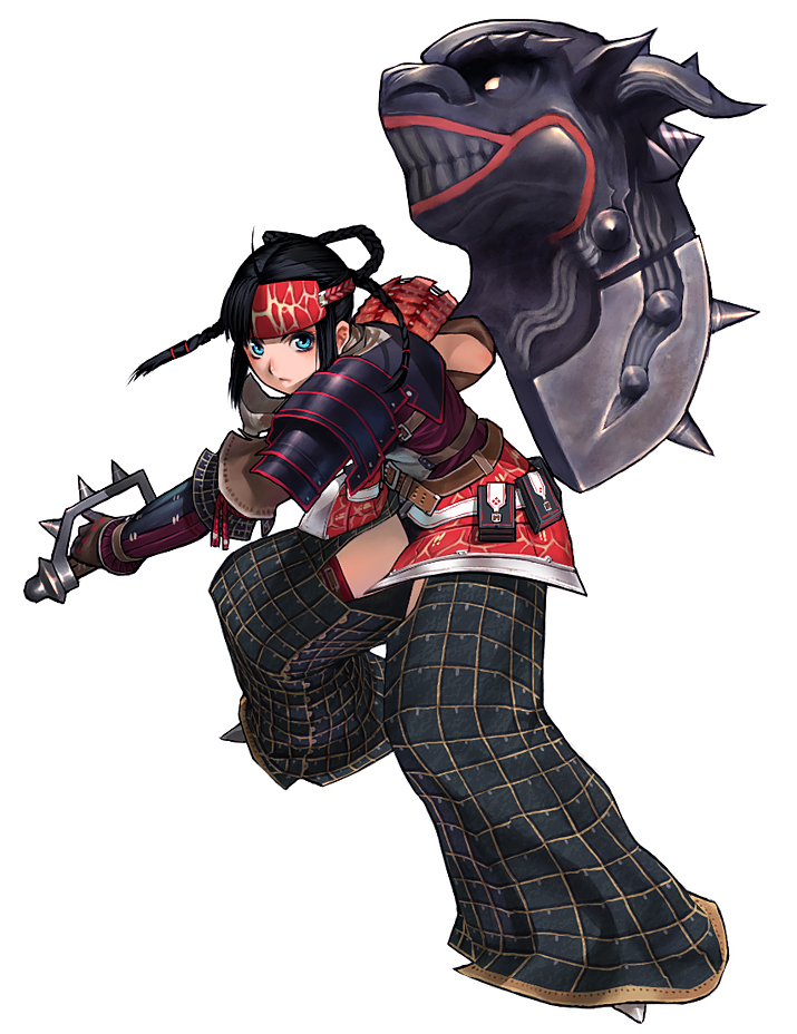 armor, black_hair, braid, fighting_stance, gloves, hammer, headband, kuroobi_(armor)