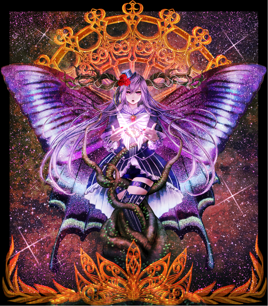 1girl, antlers, border, butterfly_wings, dress, elk_(zrkn69), flower, hair_flower