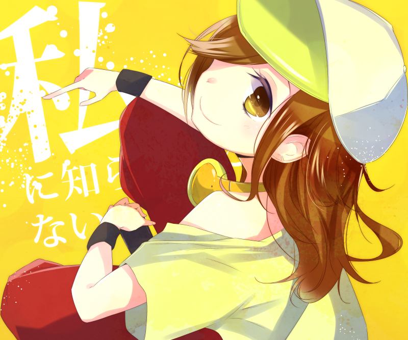 brown_eyes, brown_hair, gaen_izuko, hat, headphones, long_hair, monogatari_(series), nekomonogatari