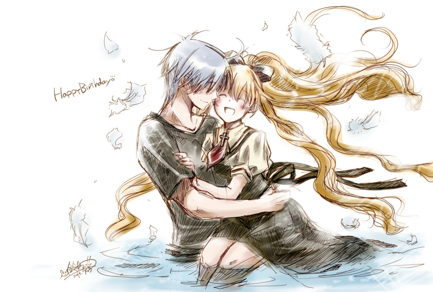 1girl, air, blonde_hair, closed_eyes, couple, grey_hair, hug, kamio_misuzu