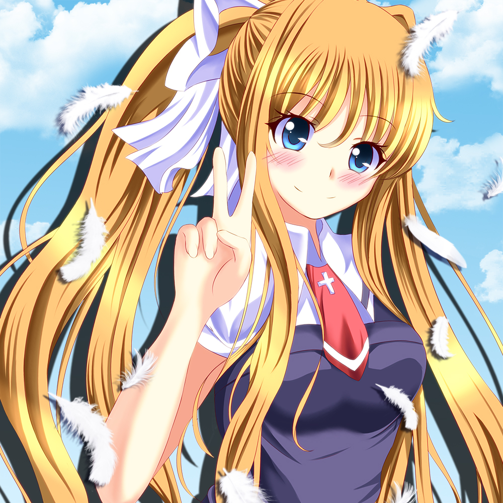 1girl, air, blonde_hair, blue_eyes, blush, hair_ribbon, kamio_misuzu, long_hair
