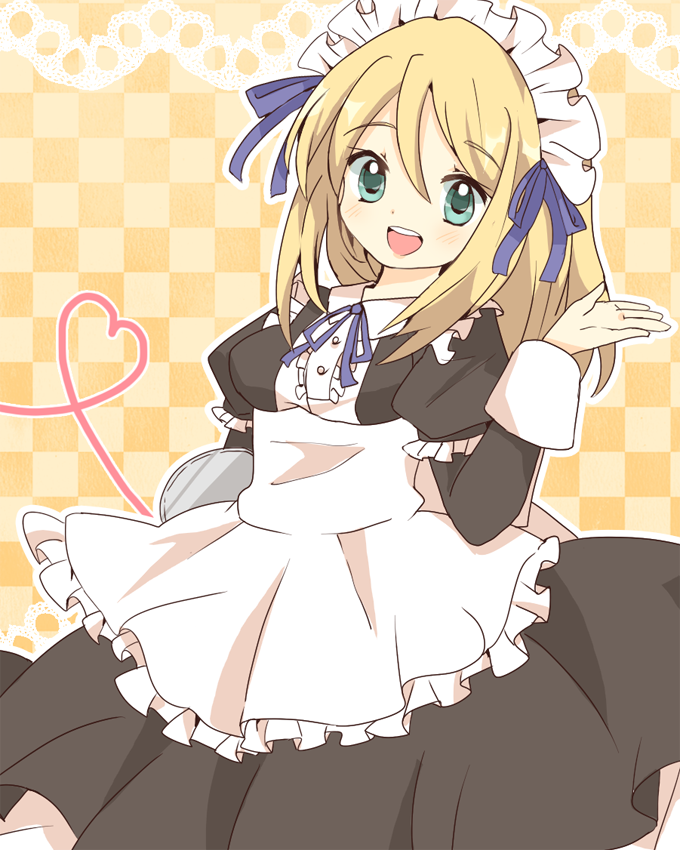 1girl, :d, alternate_costume, apron, aqua_eyes, blonde_hair, checkered, checkered_background, christa_renz, doily, enmaided, heart, heart_of_string, maid, open_mouth, orange_background, rabi_(swordofthestone), shingeki_no_kyojin, short_hair, smile, solo