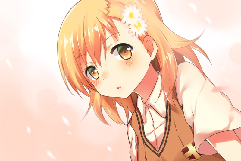 1girl, brown_eyes, brown_hair, daisy, flower, misaka_mikoto, school_uniform, to_aru_kagaku_no_railgun
