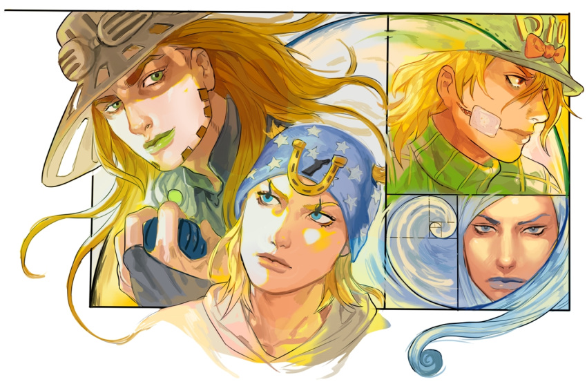 bandages, blonde_hair, blue_eyes, blue_hair, curly_hair, darehound, diego_brando, fiery_pupils
