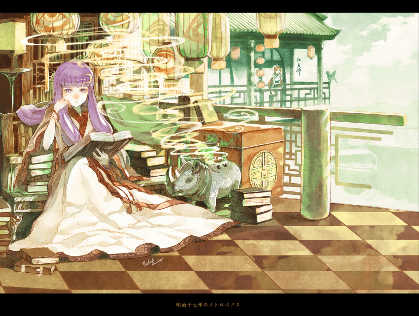 2girls, alternate_costume, book, book_stack, bookshelf, cosmic_(crownclowncosmic), crescent, green_eyes