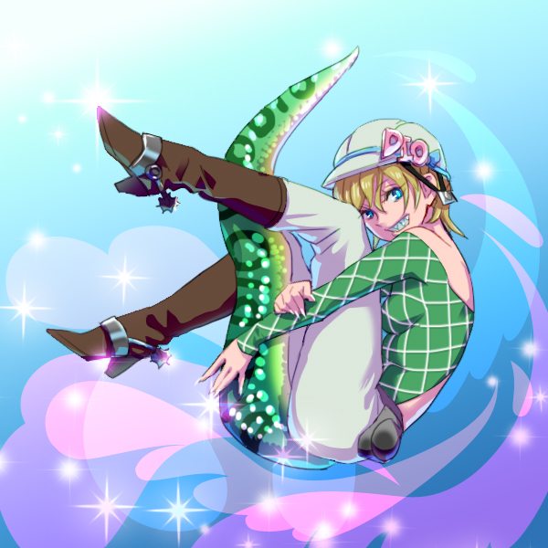 1boy, blonde_hair, diego_brando, genderswap, hat, jojo_no_kimyou_na_bouken, sasamaru_(sasamaru), scary_monster_(stand)