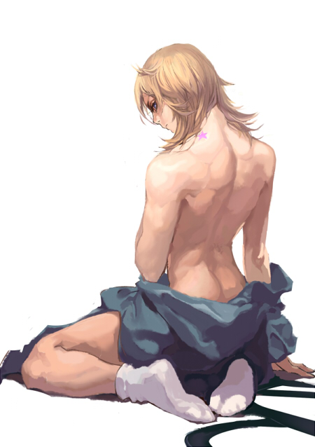 1boy, back, blonde_hair, blue_eyes, from_behind, johnny_joestar, jojo_no_kimyou_na_bouken, shirtless