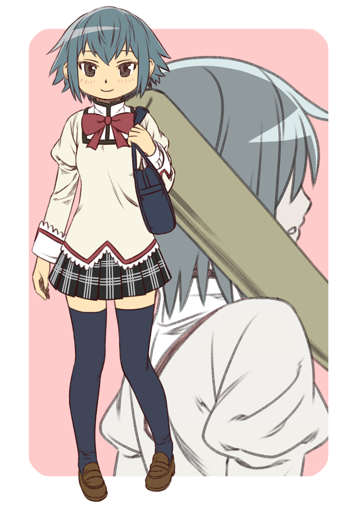 2girls, bag, baseball_bat, blue_hair, fake_sayaka, grey_eyes, hidden_eyes, mahou_shoujo_madoka_magica