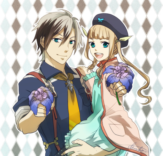 1boy, 1girl, beret, black_hair, blue_eyes, brown_hair, elle_mel_martha, flower, hat, kirisaki-9610, ludger_will_kresnik, multicolored_hair, necktie, tales_of_(series), tales_of_xillia, tales_of_xillia_2, two-tone_hair, white_hair