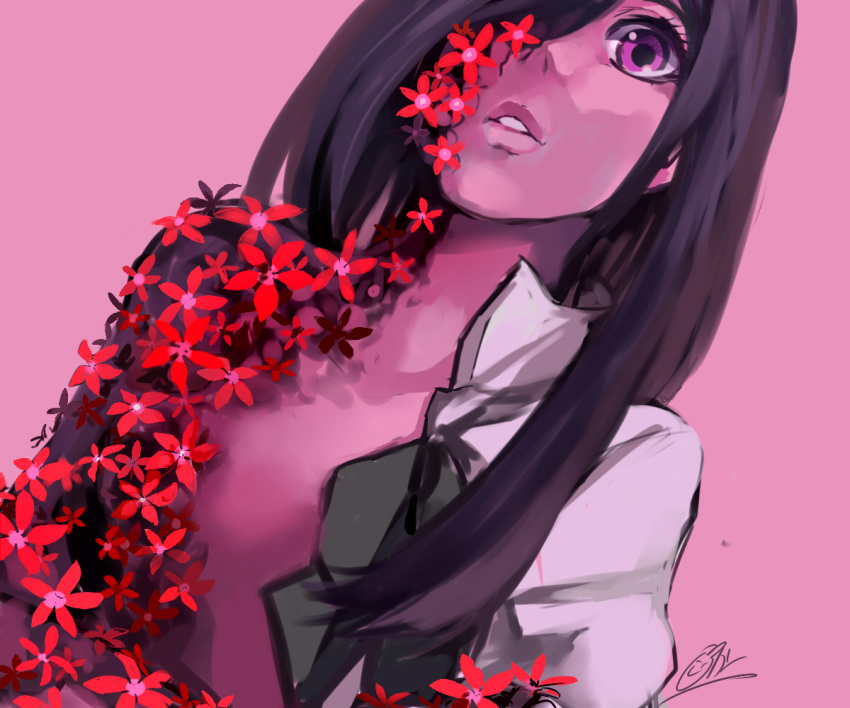 1girl, black_hair, censored, close-up, dutch_angle, flower, hair_over_one_eye, ikezawa_hanako