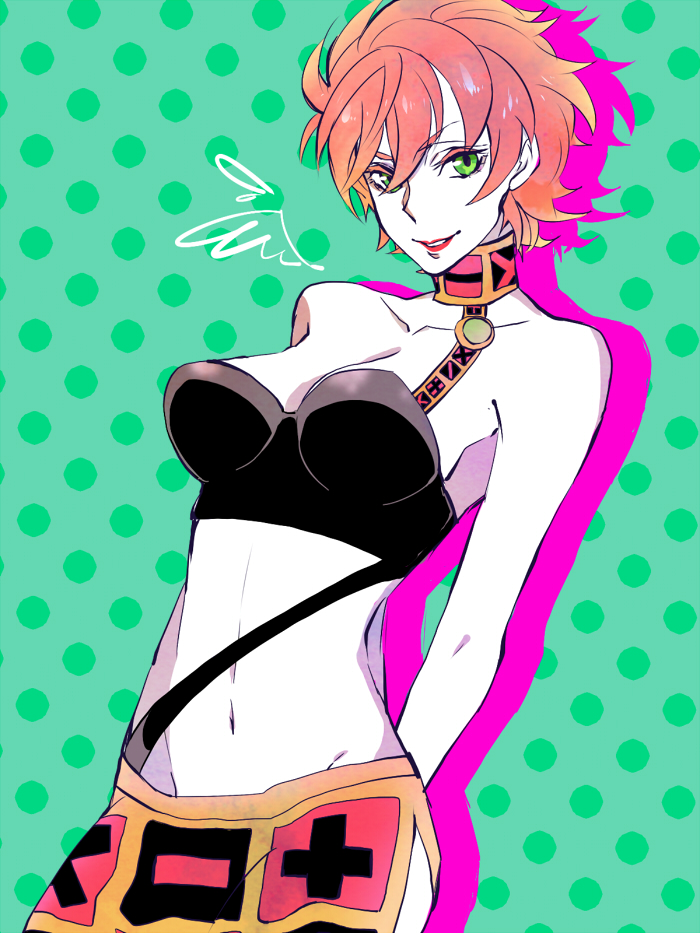 1girl, breasts, emir_ia, green_eyes, jojo_no_kimyou_na_bouken, midriff, pink_hair, short_hair, skirt, solo, trish_una