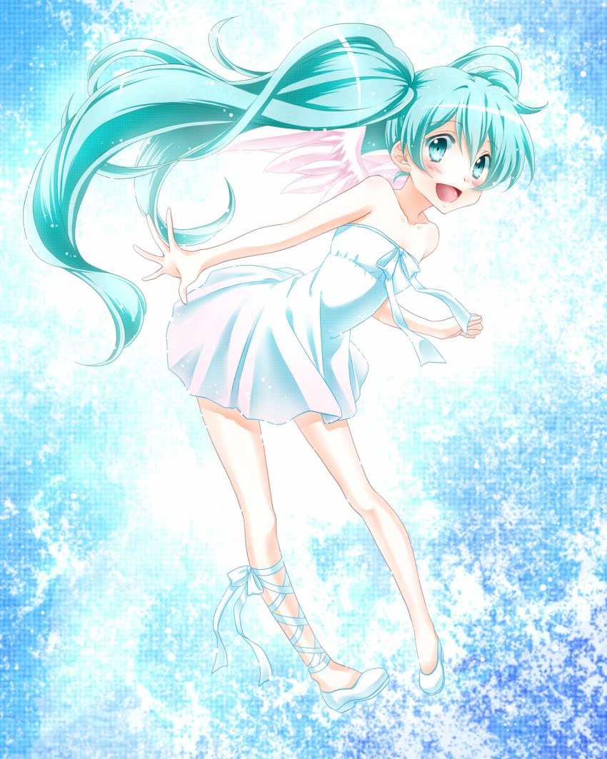 1girl, aqua_eyes, aqua_hair, dress, hatsune_miku, highres, leaning_forward, long_hair