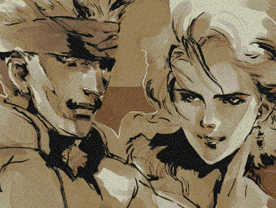 1boy, 1girl, grin, headband, lowres, meryl_silverburgh, metal_gear, metal_gear_solid