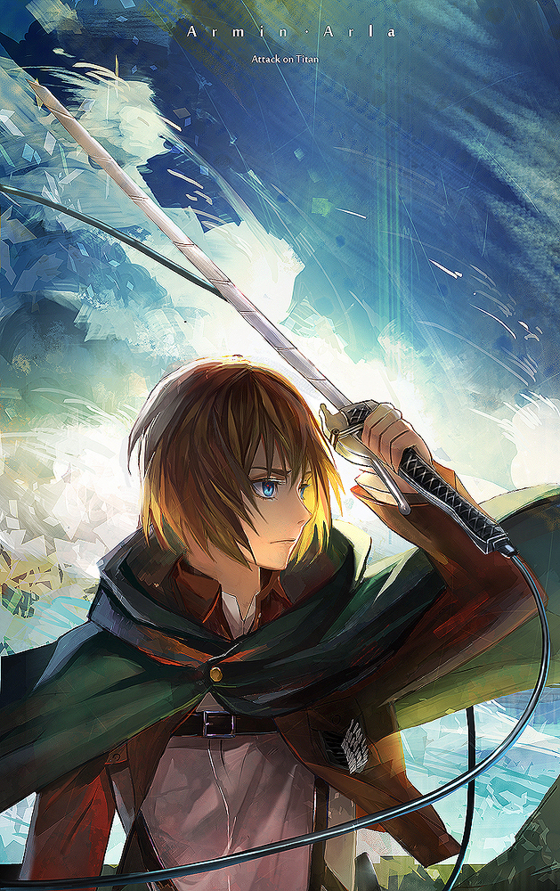 1boy, armin_arlert, blonde_hair, blue_eyes, cable, cape, hui_ming, jacket