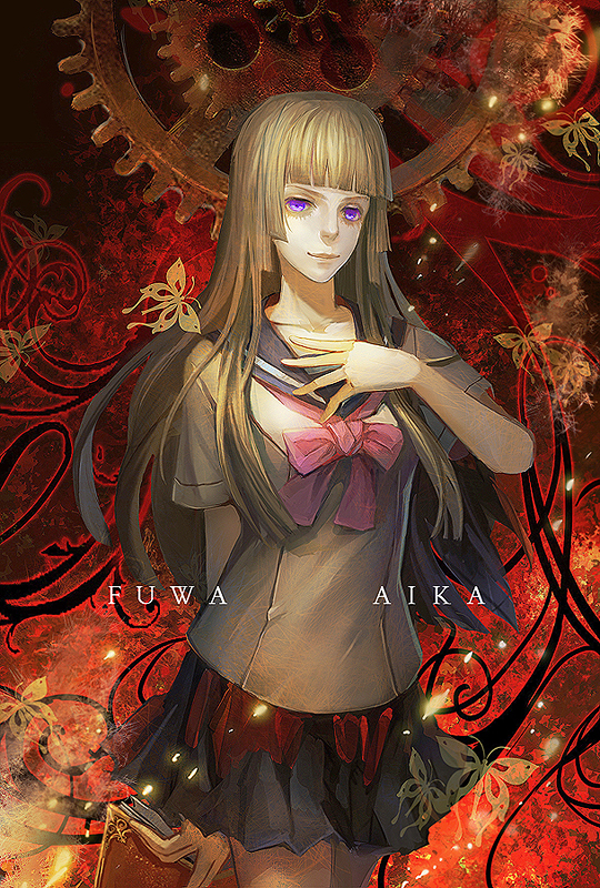 1girl, brown_hair, character_name, fuwa_aika, hand_on_own_chest, hime_cut, hui_ming, long_hair