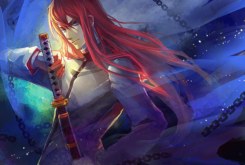 1boy, blue_eyes, chain, drawing_sword, hui_ming, katana, kusaribe_samon, long_hair