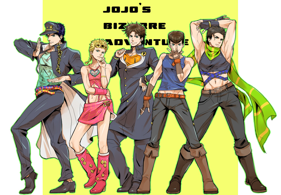 5boys, black_hair, blonde_hair, blue_hair, brown_hair, cosplay, costume_switch, fingerless_gloves, gakuran, giorno_giovanna, gloves, hat, higashikata_jousuke, higashikata_jousuke_(cosplay), hydroball, jojo_no_kimyou_na_bouken, jonathan_joestar, jonathan_joestar_(cosplay), joseph_joestar_(young), joseph_joestar_(young)_(cosplay), kuujou_jolyne, kuujou_jolyne_(cosplay), kuujou_joutarou, kuujou_joutarou_(cosplay), long_coat, midriff, multiple_boys, pompadour, posing, scarf, school_uniform
