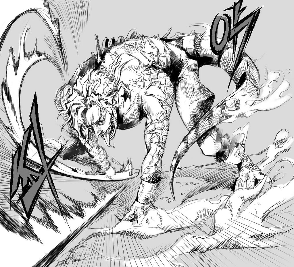 1boy, claws, diego_brando, dinosaur, greyscale, jojo_no_kimyou_na_bouken, monochrome, scary_monster_(stand), solo, stand_(jojo), star, steel_ball_run, tail, zfmen