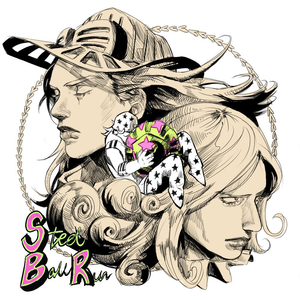 3boys, ball, closed_eyes, curly_hair, funny_valentine, gyro_zeppeli, hat, johnny_joestar, jojo_no_kimyou_na_bouken, multiple_boys, partially_colored, steel_ball_run, zfmen