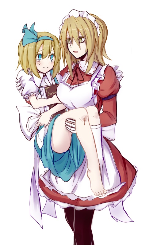 2girls, alice_margatroid, alice_margatroid_(pc-98), apron, blonde_hair, blue_eyes, book, carrying