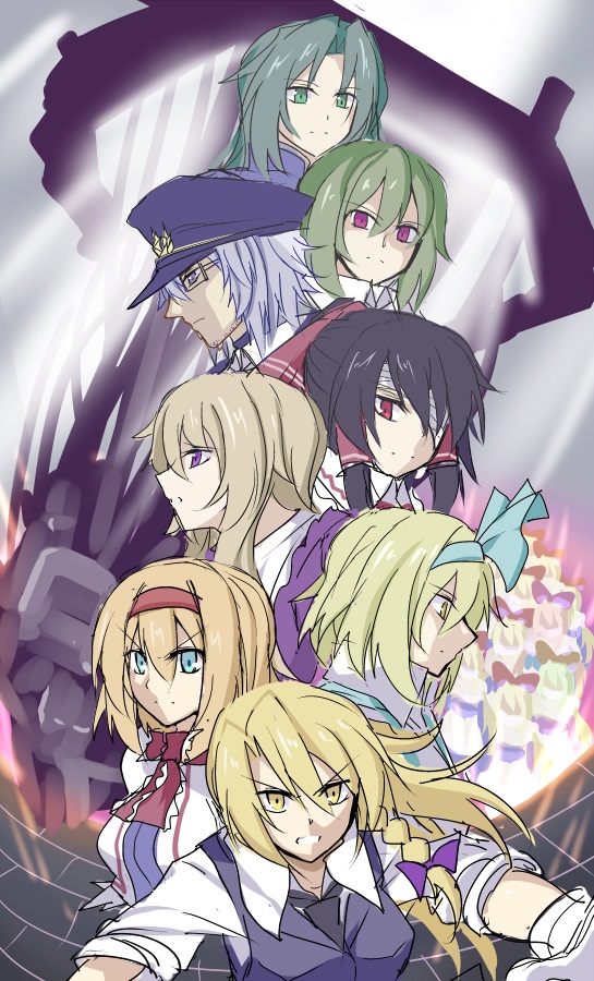 1boy, 6+girls, alice_margatroid, alice_margatroid_(pc-98), bandage_over_one_eye, blonde_hair, blue_eyes, braid