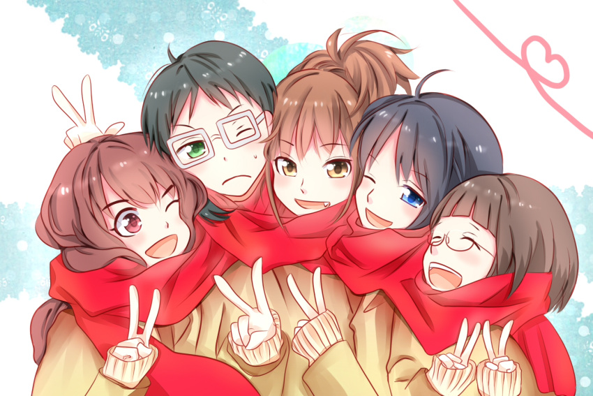 5girls, black_hair, blue_eyes, blue_hair, brown_eyes, brown_hair, bust, enomoto_yuiko