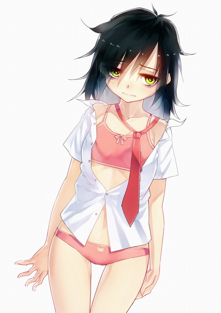 1girl, bags_under_eyes, black_hair, blush, bra, dress_shirt, flat_chest, green_eyes