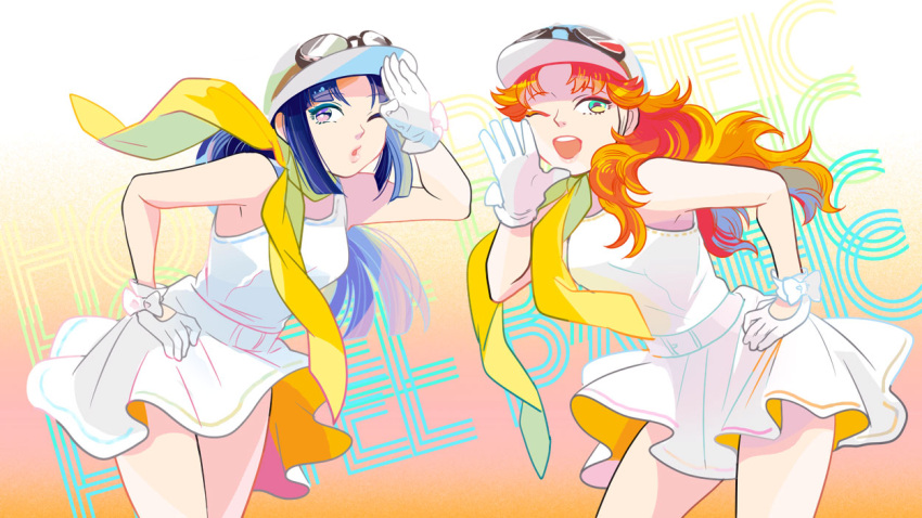 2girls, blue_hair, dress, gloves, goggles, goggles_on_hat, green_eyes, hiyori_chisha, multiple_girls, orange_hair, rakudai_ninja_rantarou, scarf, tomomi_(rakudai_ninja_rantarou), violet_eyes, wink, yuki_(rakudai_ninja_rantarou)