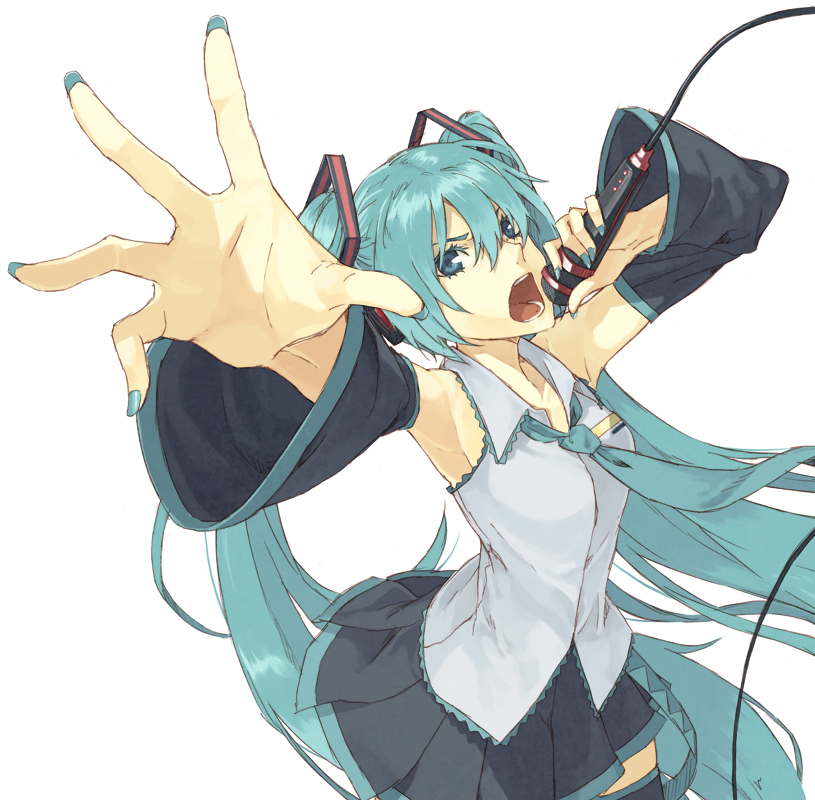 1girl, aqua_eyes, aqua_hair, armpits, detached_sleeves, foreshortening, hands, hatsune_miku