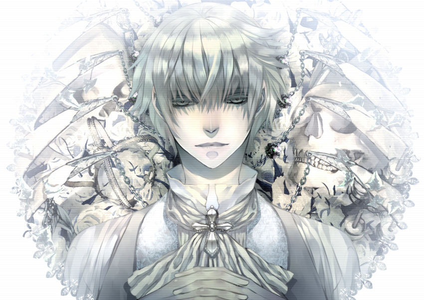 1boy, chain, cravat, cross, hands_clasped, looking_at_viewer, male, original, pale_skin, shijuu_hachi, solo, white_eyes, white_hair